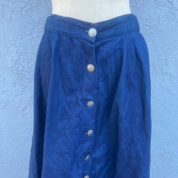 Vintage Western Skirt Womens Medium Blue Chambray Midi Nickel Button Cowgirl - Picture 1 of 12